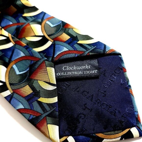 Vintage J. Garcia Collection 8 Clockworks Abstract Print Green Blue Silk Tie - Picture 4 of 7